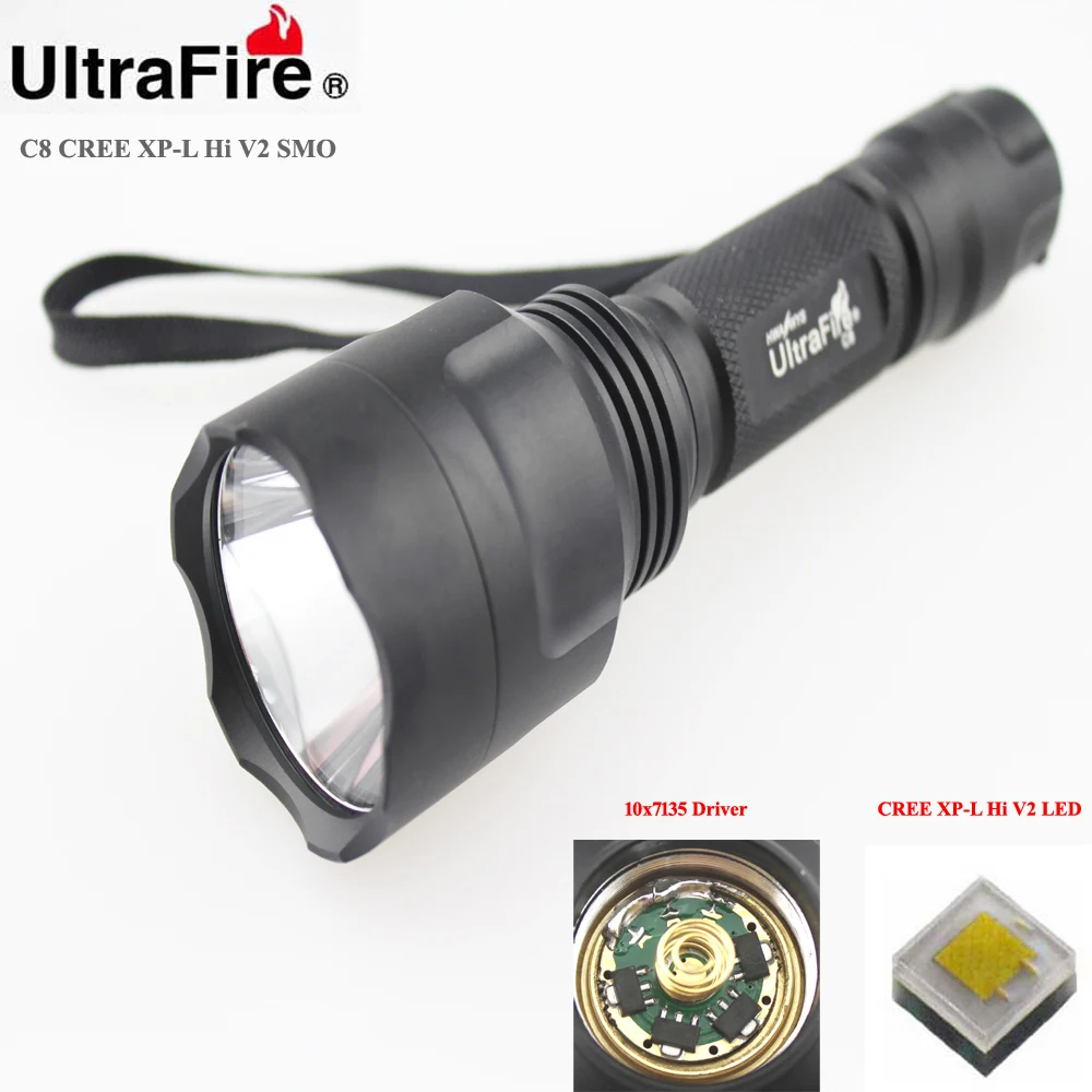 

U-F C8 CREE XP-L HI V2 1600lm Cool White Light 10x7135 Driver 5-Mode SMO LED Flashlight (1 x 18650)