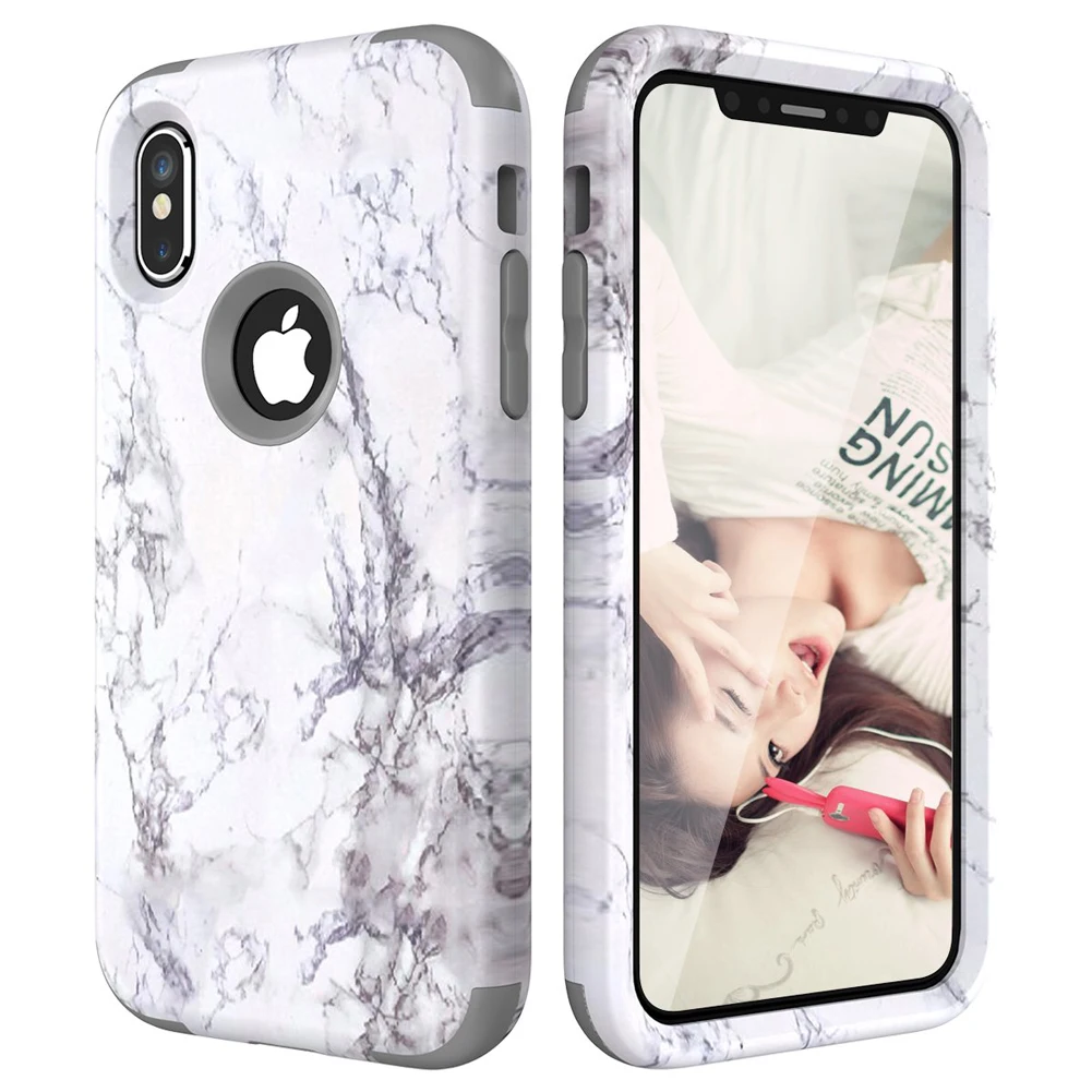 Роскошный чехол для iPhone 8 Xs Max XR X marble 360 °, полностью защитный сверхмощный броня, ударопрочный чехол из смешанных материалов, силиконовый бампер, чехол - Цвет: Grey