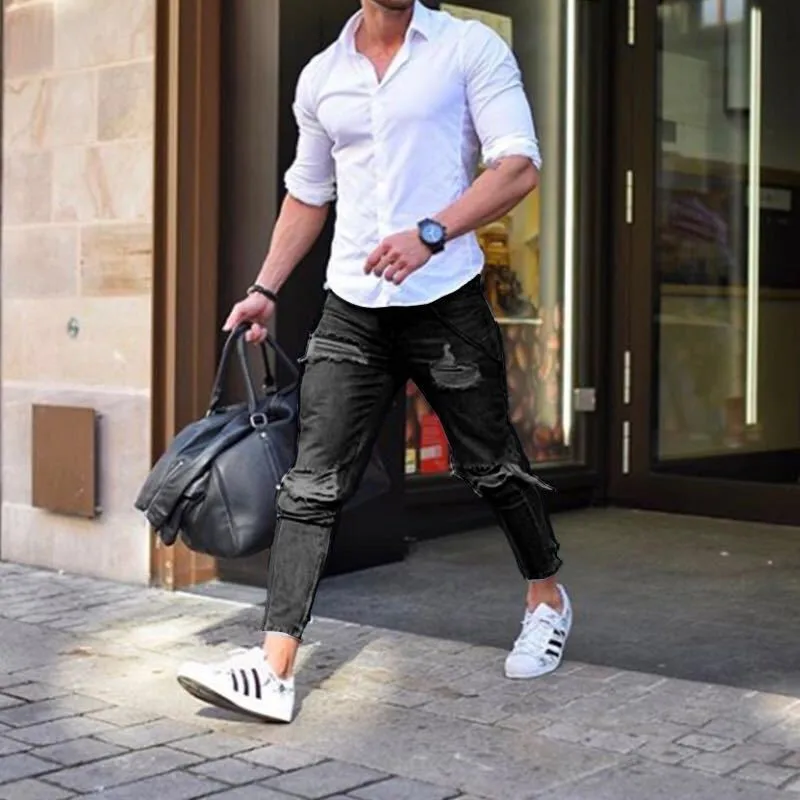 

Men's Jeans Slim Denim Jeans Knee Holes Skinny Frayed Pants Distressed Rip Light Blue Troursers Clothes