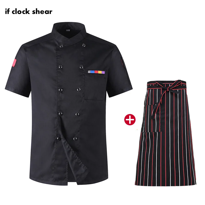 

IF Unisex Restaurant Hotel Double breasted Short Sleeve Kitchen uniforms Chef Workwear Breathable catering cooker Jacket + Apron