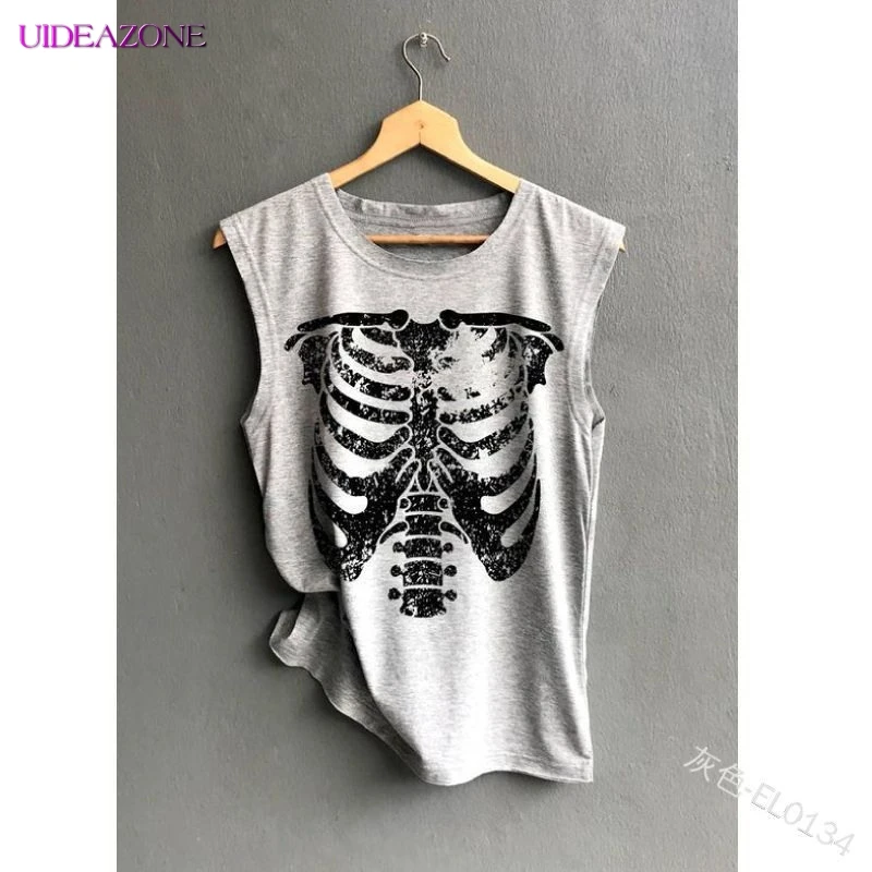 

UIDEAZONE Sleeveless Skull Print Women's Round Neck Vest 2019 Summer Women Solid Color Casual Loose Vest