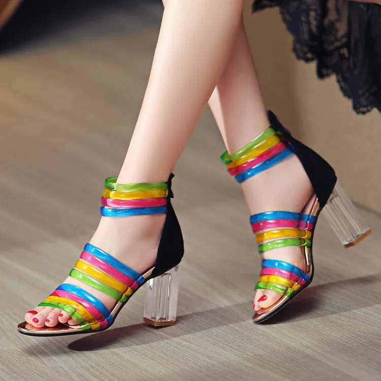

Clear Block Heel Mixed Color Sandals Cover Heel New Arrivals Zip Up Sexy Summer Woman Shoes High Chunky Heel Customized Shoes