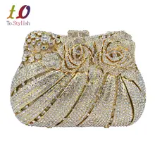 Golden Flower Luxury Crystal Evening Bag Rose Diamond Banquet Bag Sparkly Diamante Wedding Party Purse Pochette Clutch Bag 88176