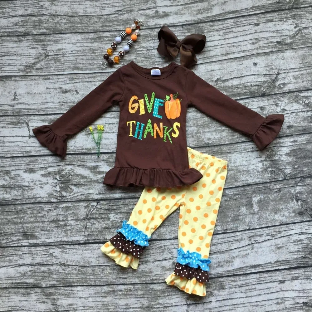 baby girls Fall Winter thanksgiving clothing give pumpkin thanks outfits children brown top with polka dot