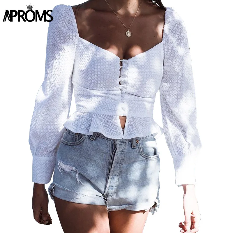

Aproms Elegant Ruffle Buttons White Blouse Women Vintage Square Neck Long Sleeve Shirt Summer 2019 Peplum Crop Top Street Blusas