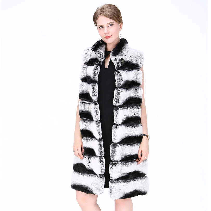 

2018 Fashion Genuine Rabbit Fur Vest England Style Lady Mandarin Collar Natural Rabbit Skin Waistcoat Black & Grey Striped Vest