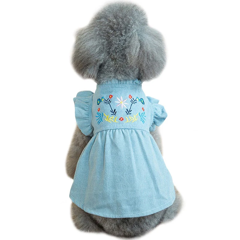 

Embroidered Dog Jean Skirts Summer Pet Dresses For Dogs Skirt Denim Dog Dress Bubble Sleeve Pet Clothes For Dogs Pets Clothing