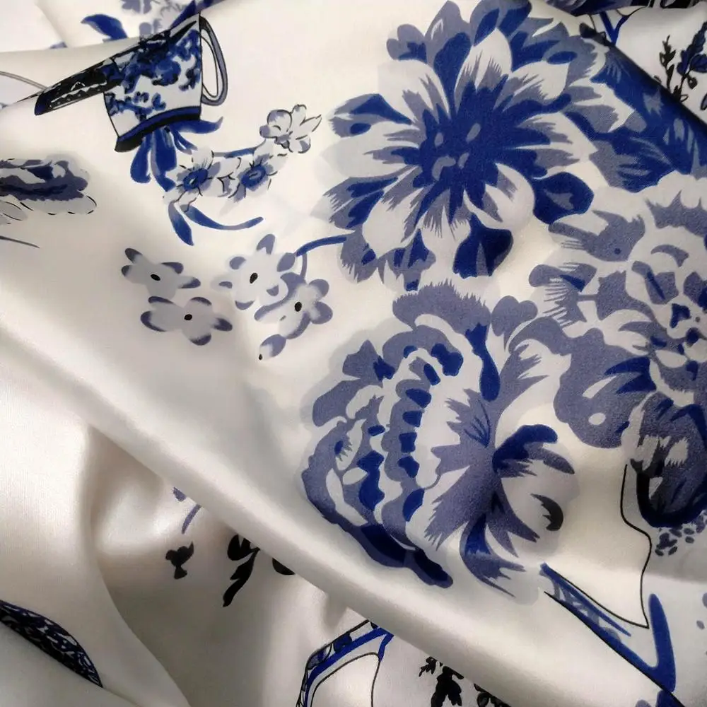 

stretch silk charmeuse fabric blue white porcelain Chinese style DIY sewing apparel fabric high end