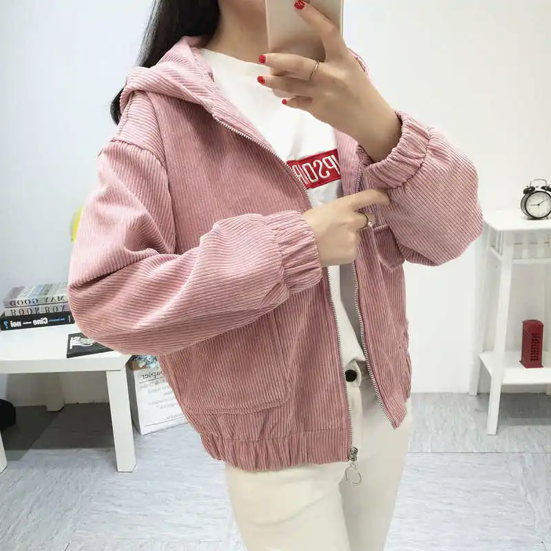 

2019 Spring Women Hooded Corduroy Jacket Basic Long Sleeve Slim Jacket Women Fashion Loose Short Jacket Coat Female Outerwear