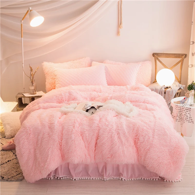 Розовый, красный, белый, фиолетовый, серый комплект постельного белья из флисовой ткани для девочек, Комплект постельного белья, норковый бархатный пододеяльник, плотная кровать, юбка, наволочки