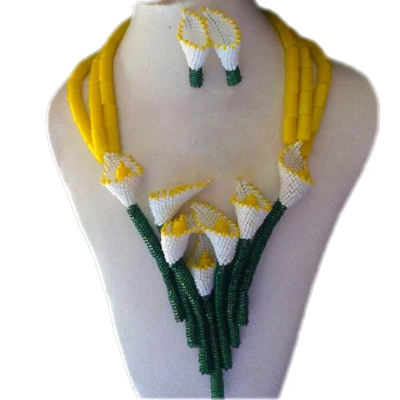 

4UJewelry Nigerian Wedding African beads Yellow Fine Jewelry Set for Women With White Flower Green Crystal Pillar Jewellery Set