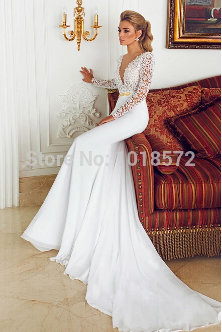 Hot2017 Y Wedding Dress Long Sleeve Deep V Neck Lace Chiffon Hot2017 Y Wedding Dress Long Sleeve Deep V Neck Lace Chiffon Train White Ivory Glamorous Bridal Gown Princess Formal Dre In Dresses From