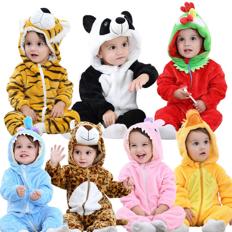 

Boys Girls Animal Rompers for 0 1 2 Years Cartoon Panda Cow Stitch Pig Children Flannel Hooded Newborn Baby Clothing Jumpsuit