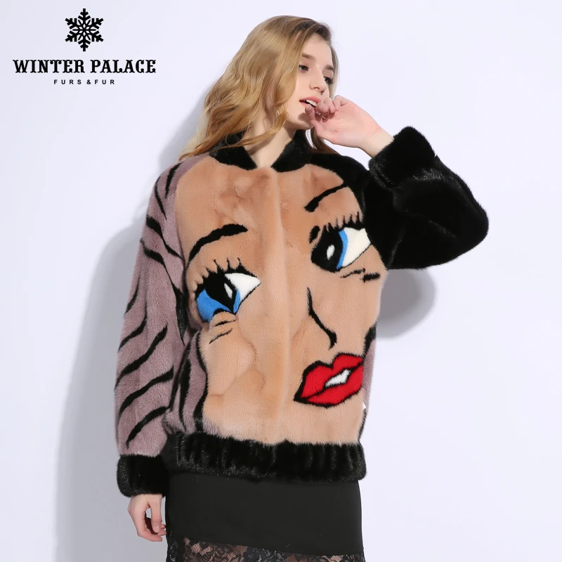 Big eyes and red lips mInk fur coat Imported velvet grade real fur mInk fur coat Fashion baseball style