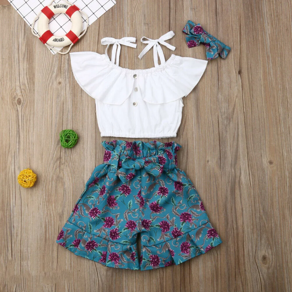 3PCS Toddler Kids Baby Girl Clothes Sling Ruffle Vest Tops Shorts Outfits Set Off-Shoulder | Детская одежда и обувь