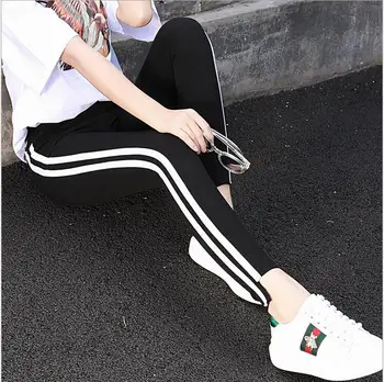

2017 New Women's Esportivos Leggings Stripes Stitching Side Irregular Trousers Casual Fashion Pencil Pants Femme Plus Size LG66