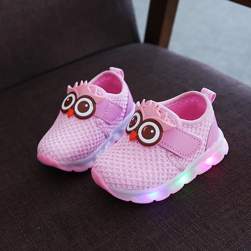 

2018 Boys Girls Casual Shoes With Flash LED Toddler Baby Children's Breathable Running Sport Shoes Cartoon Owl Glowing Sneakers