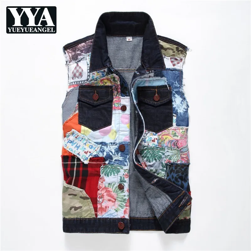 

Chaleco Hombre Summer 2019 New Fashion Sleeveless Punk Style Slim Fit Mens Denim Vests Casual Patchwork Personalized Waistcoat