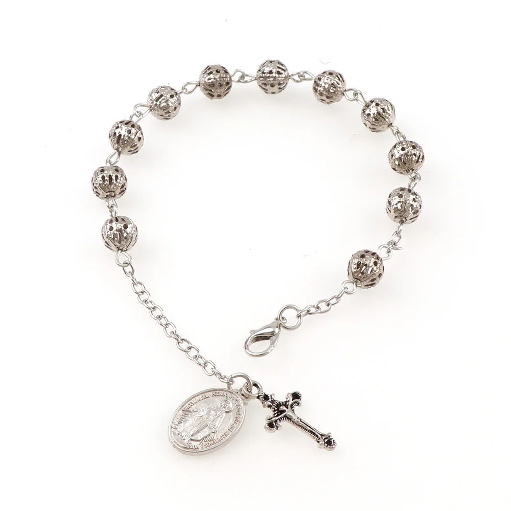 

6mm Holle Rozenkrans Catholic Religious Rosary Jesus Charm Bracelets Hollow Bead Rose Bracelet With Charms Cross Catholic