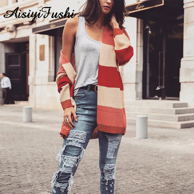 Winter Women Long Sleeve Cardigan Striped Female Knitted Cardigans Rainbow Warm Women'S Femme Manche Longue 2020 |