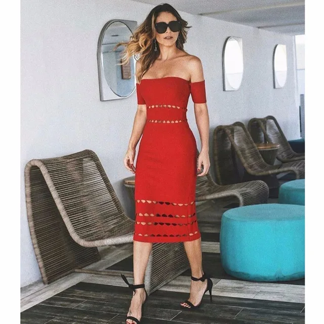 Red and Black Strapless Knee Length Dress