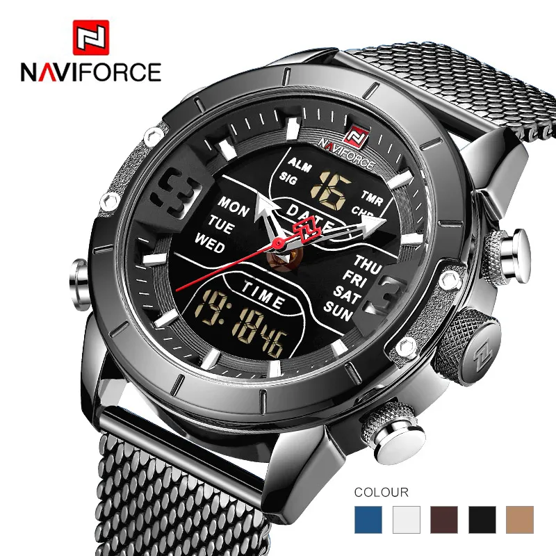 Naviforce Новый Топ бренд класса люкс 9153 спортивные цифровые военные мужские часы со