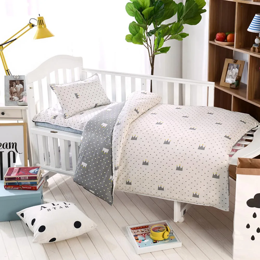 3 Pcs Set Baby Bedding Set Pure Cotton Cartoon Star Pattern Crib Kit Including Pillowcase Duvet Cover Cot Flat Sheet