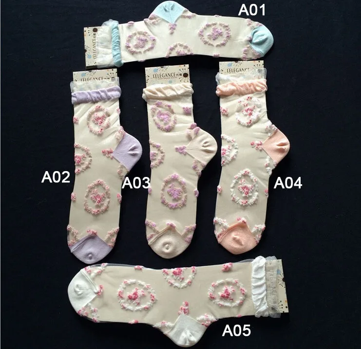 24 шт. = 12 пар новое женское сексуальное красивое платье прохладное лето Хрустальное стекло шелк мультфильм цветок Гирлянда жаккард летние носки 12 пар