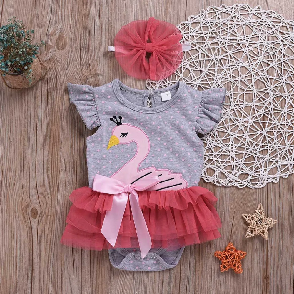 

Infant Newborn Bodysuit Baby Girl Flying Sleeve Cartoon Swan Print Lace O-Neck Jumpsuit +Cute Headbands Summer For Baby Clothes