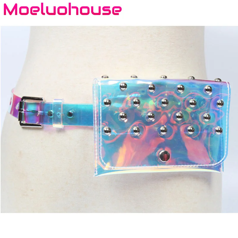 

Moeluohouse Transparent Rivet Waist Fanny Packs Bag Female Women Adjustment Belt Hasp Solid Korean Style Casually Kawaii Gift