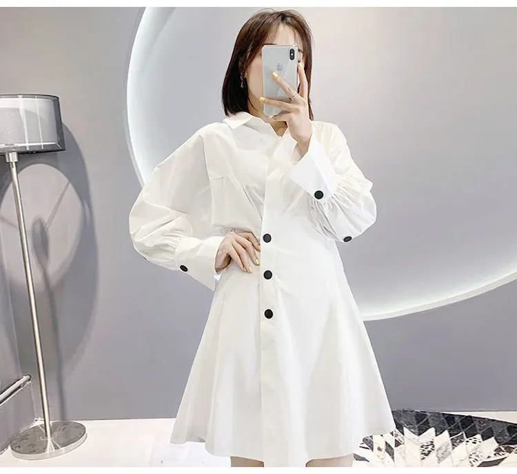 DEAT Новое однобортное белое платье с отворотным воротником и рукавами-фонариками на пуговицах с высокой талией женские стильные рубашки WF04300L
