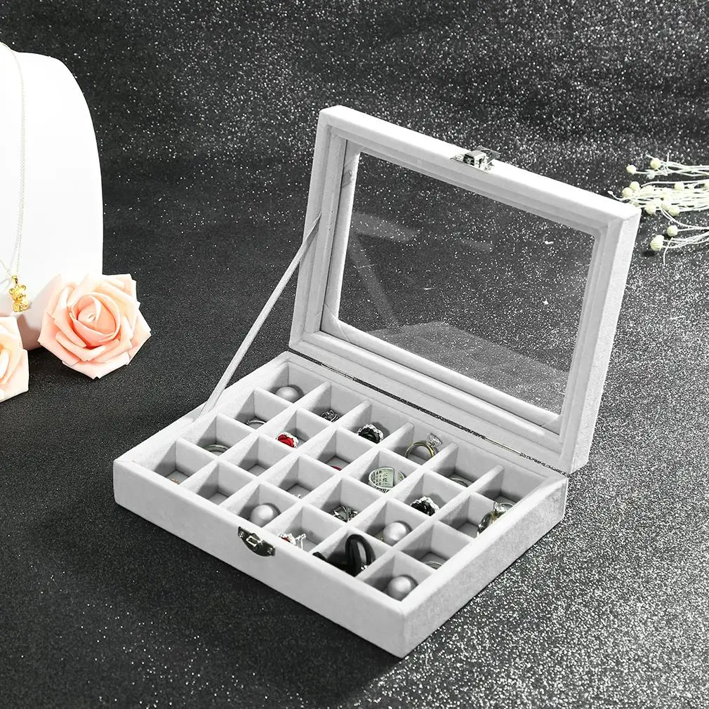 

24 Slots Velvet Women Desk Jewelry Storage Box Portable Ring Necklace Jewelry Carrying Case Women Home Storage Supplies