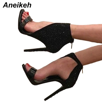 

Aneikeh Women Sexy Black Rhinestone Gladiator Sandals Ankle Wrap Crystal High Heel Glitter Party Dress Sandals Pumps Shoes