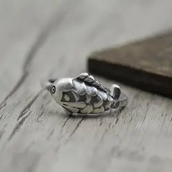 Тайский серебро Личность трехмерная рыбы открытым мужской женский модели кольцо S990 стерлингов Серебряные ювелирные изделия Ретро