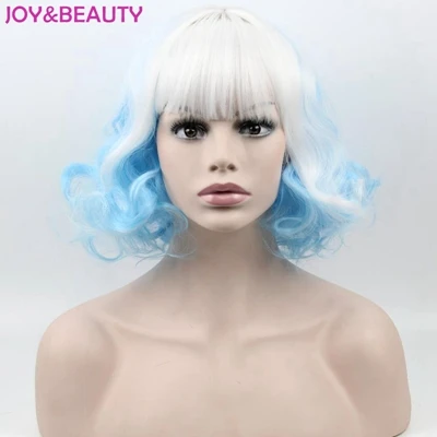 JOY& BEAUTY, 20 см, белый, синий, смешанный, белый, красный, короткие кудрявые синтетические волосы, парики для косплея, для Harajuku, вечерние, парик, термостойкие волосы - Цвет: Синий