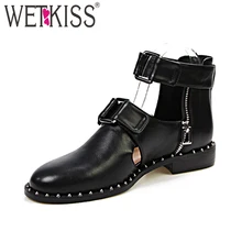 WETKISS/Новые летние женские ботинки на низком каблуке модная женская обувь ручной работы с закругленным носком, украшенная металлическими заклепками, на молнии, с пряжкой