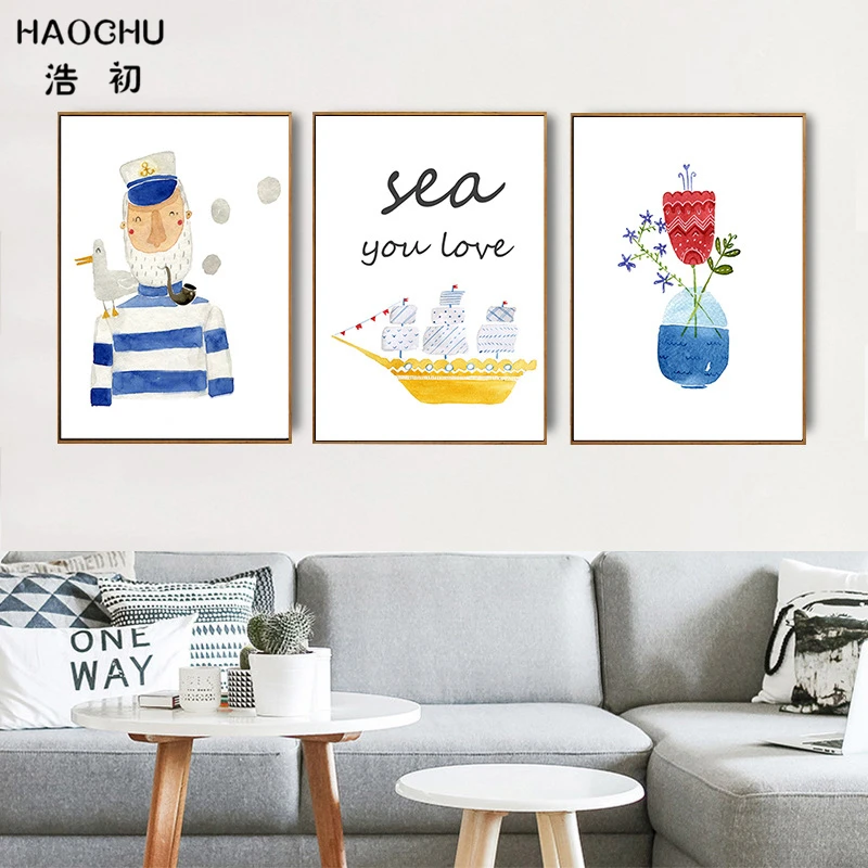 

HAOCHU Modern Cool Captain's Pipe Sea Trip Boat Canvas Painting Navy Cartoon Wall Poster For Kids Boys Room Wall Decor Artwork