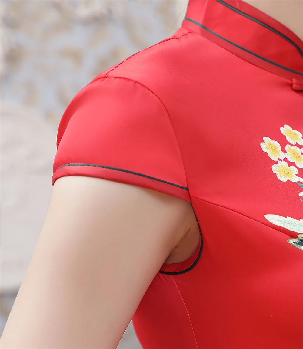 Шанхай история искусственного шелка Замочная скважина Китайская традиционная одежда восточное платье длинное платье-Чонсам с коротким рукавом красный Qipao для женщин