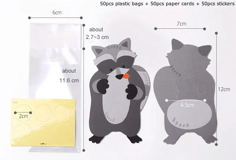 50pcs raccoon 50 шт мультфильм животных выпечки пластиковый мешок декоративный упаковывая сумки с поздравительными открытками для конфет и печенья подарочные мешки для детей - Цвет: 50pcs raccoon