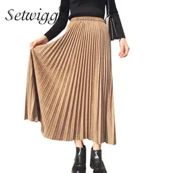 Осенняя замшевая плиссированная длинная юбка однотонная женская винтажная бархатная юбка до середины икры трапециевидной формы длинные