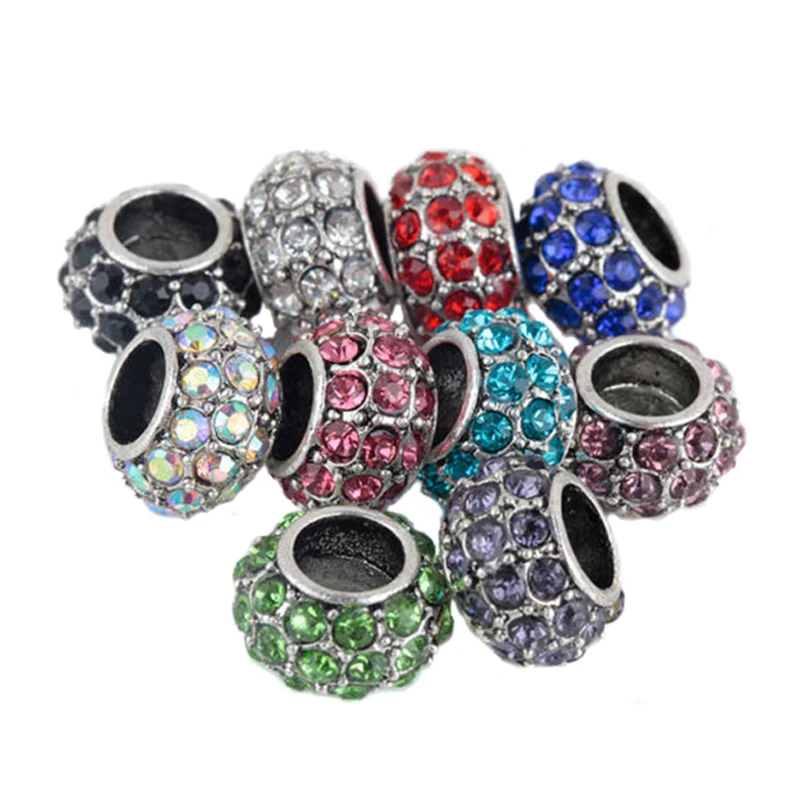 

10pcs Metal Beads with Multicolor Crystal Rondelle Spacer European Big Hole Bead For Making Jewelry Charms Bracelets 12*8mm
