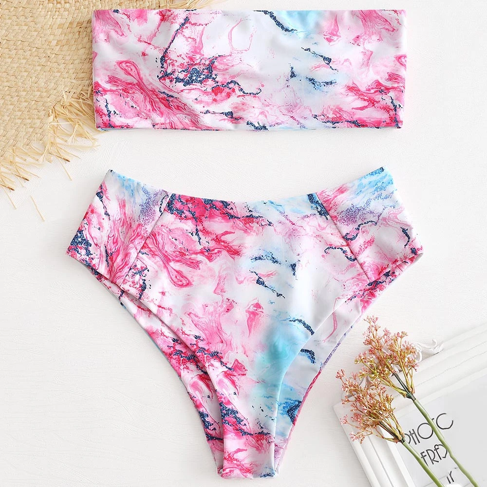 Women Colorful Marble Bandeau High Rise Bikinis Multi Color Bikini Set