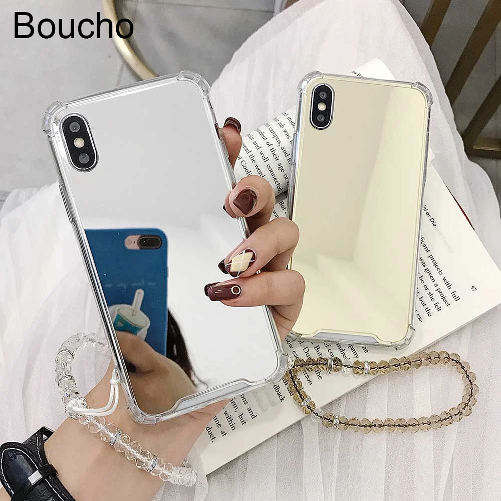 

Boucho Mirror Anti-knock phone case with Bracelet Strap for iphone XS MAX XR X 5 5s SE 6 6S 7 8 plus Fashion lady Silicone Cover