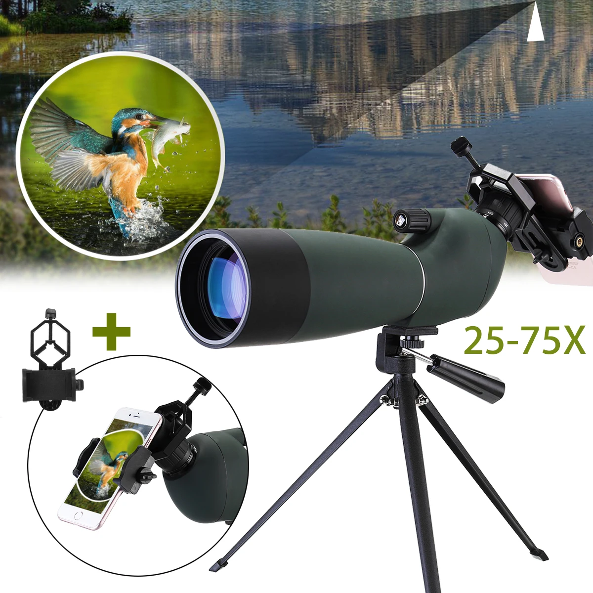 

Spotting Scope BAK4 25-75x70 Zoom Monocular Telescope Waterproof Binoculars with Tripod Phone Holder for Birdwatch Hunting