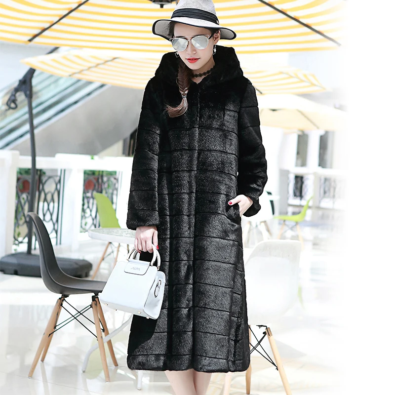 Nerazzurri, длинное женское пальто из искусственного меха,, зимнее, с капюшоном, черное, красное, теплое пальто из искусственного меха, пушистое, размера плюс, верхняя одежда 5xl 6xl - Цвет: Black