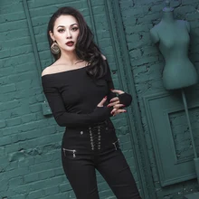 Весна важно Тип тонкий с открытыми плечами Для женщин стрейч хлопок Однотонная одежда футболка очень сексуальная Разработанный