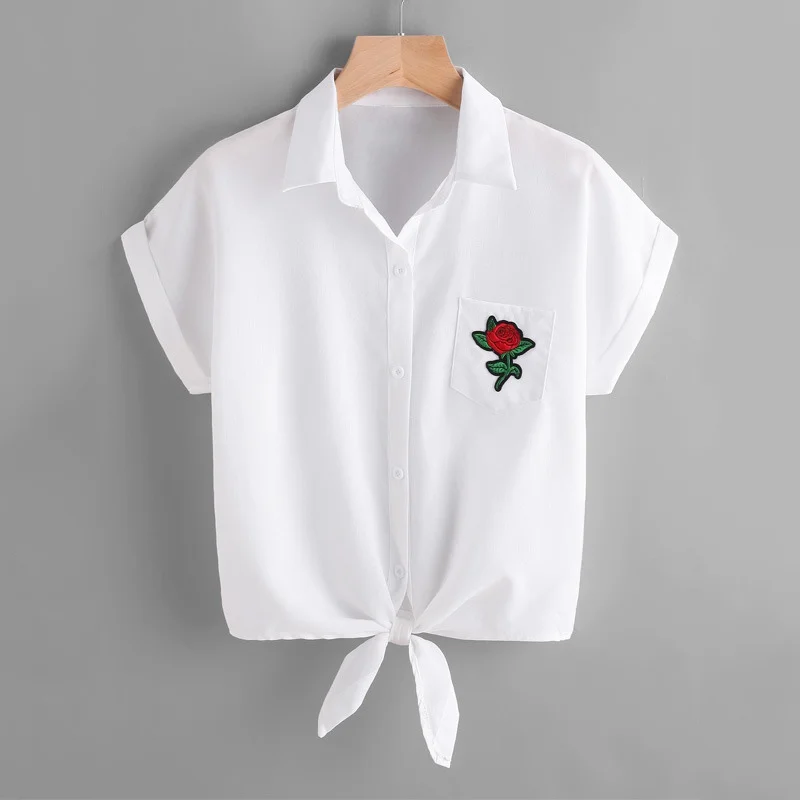 Летняя короткая женская блузка Рубашки модная Цветочная вышивка женская рубашка однотонная повседневная женская рубашка с коротким рукавом топы