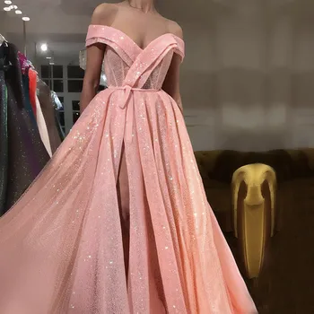 

Pink Muslim Evening Dresses Grace A-line Off The Shoulder Sequins Beaded Islamic Dubai Saudi Arabic Long Formal Evening Gown