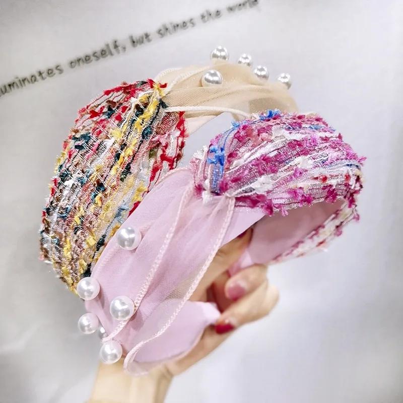 

New Japan and South Korea Pearl Variety Personality Color Fabric Gauze Splicing Headband Combination Hair Accessories Wholesale