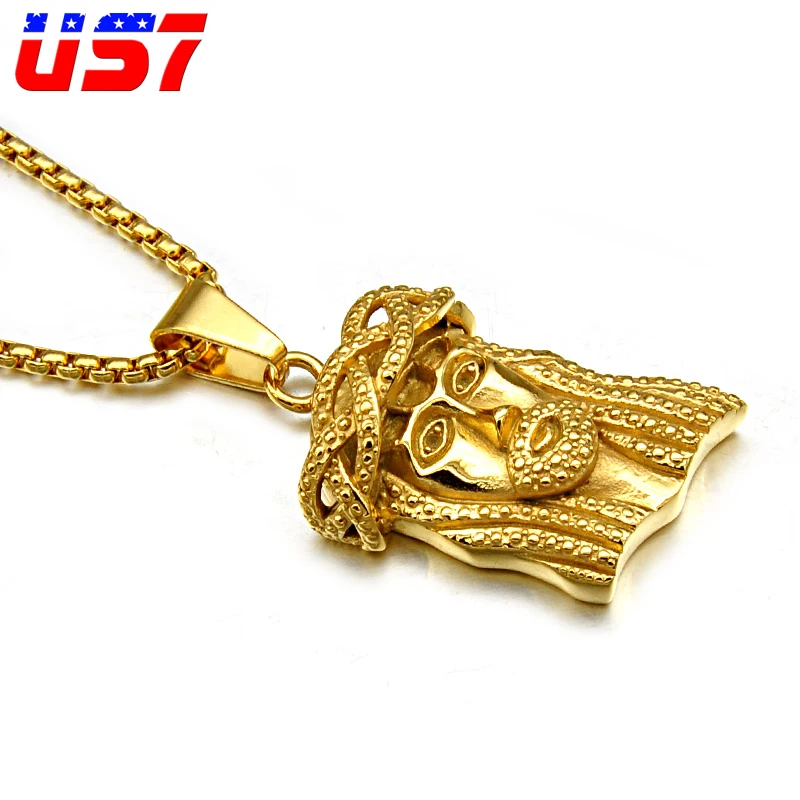 

US7 HIP Hop Gold Color JESUS Piece Head Face Pendants Necklaces Titanium Stainless Steel Chain Collier for Men Christian Jewelry